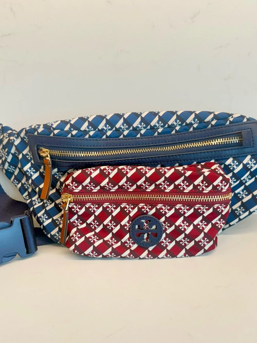 Tory Burch Convertible Crossbody Nylon Belt Bag - Dark Red & Navy Blue